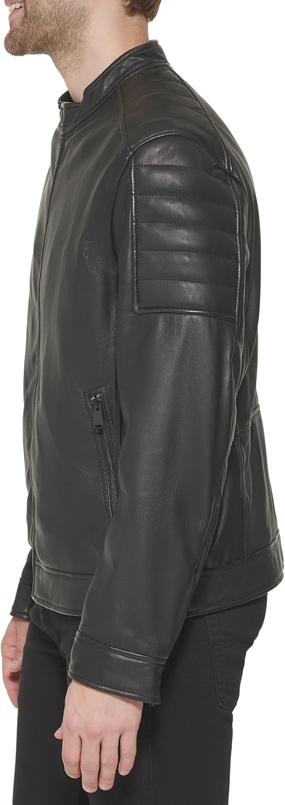 Cole Haan Men's Stand Collar Fully Lined Leather Jacket