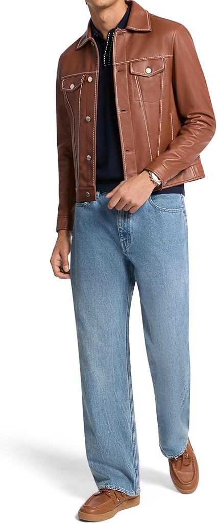 Michael Kors Men's Contrast Stitch Leather Trucker Jacket