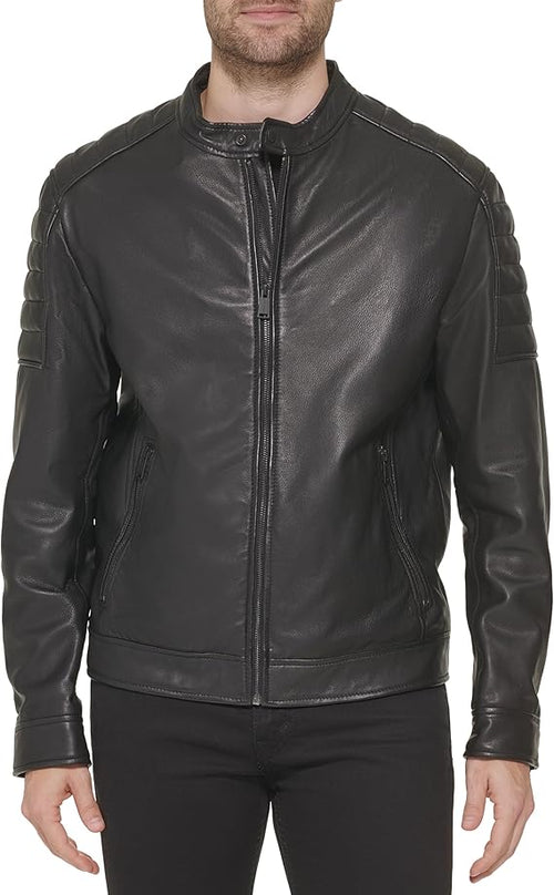 Cole Haan Men's Stand Collar Fully Lined Leather Jacket
